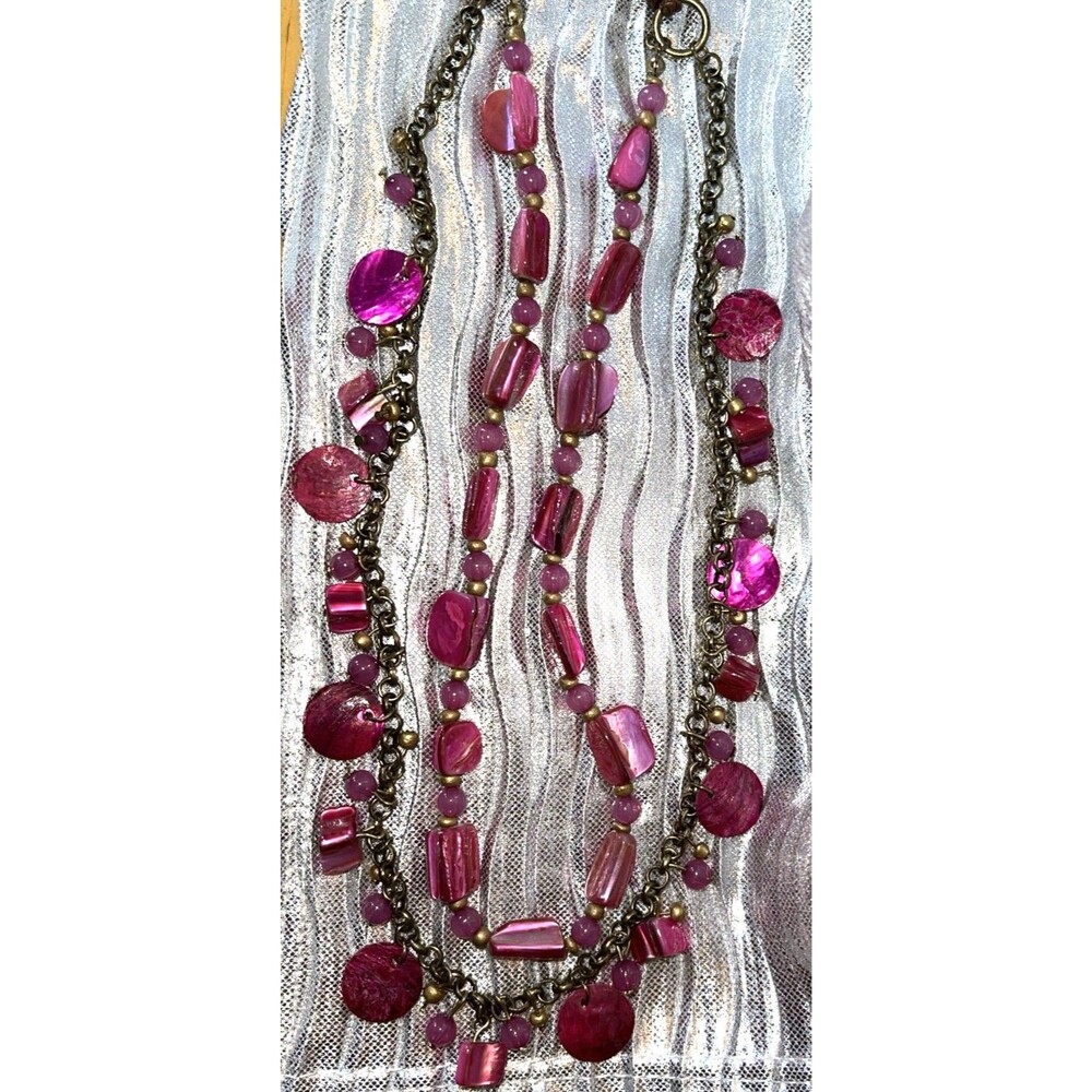 Vtg Necklace Shells, Beads, Discs Purple Pink  Gold W/Brown Cord Gold Tone Chain